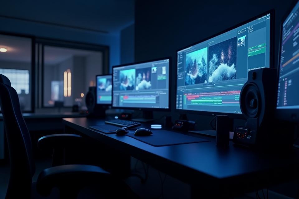 Video editing suite with multiple monitors.