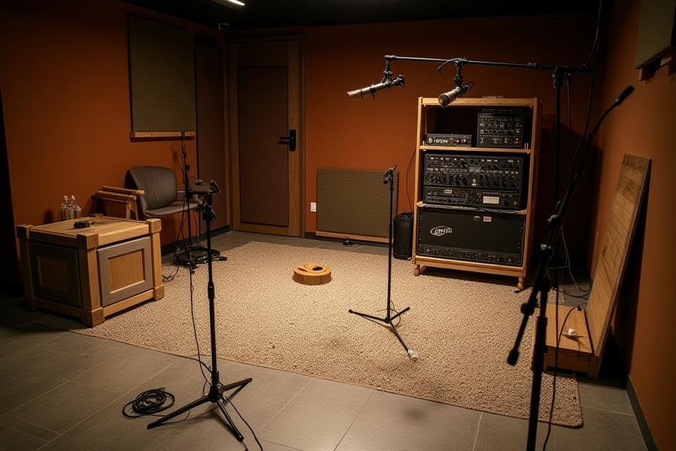 Foley pit with various surfaces for sound recording.