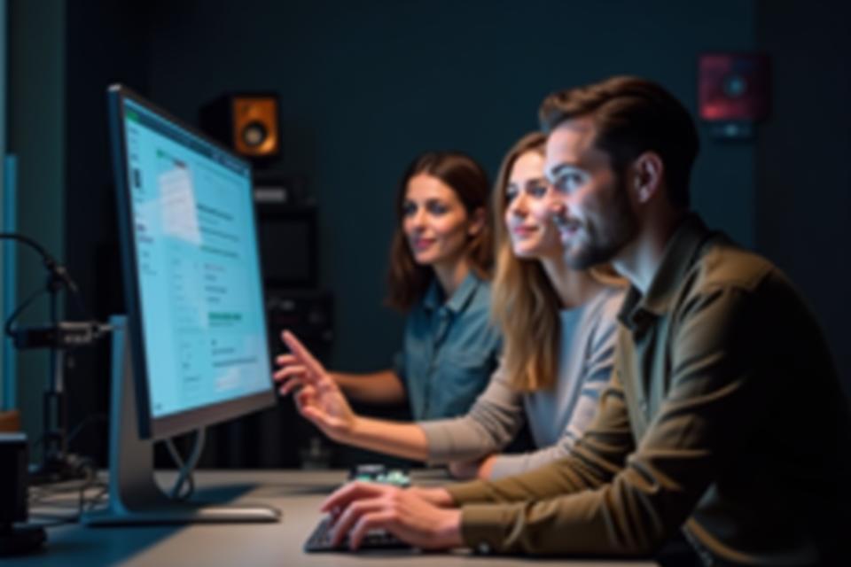 Studio team members collaborating on a project at a computer.